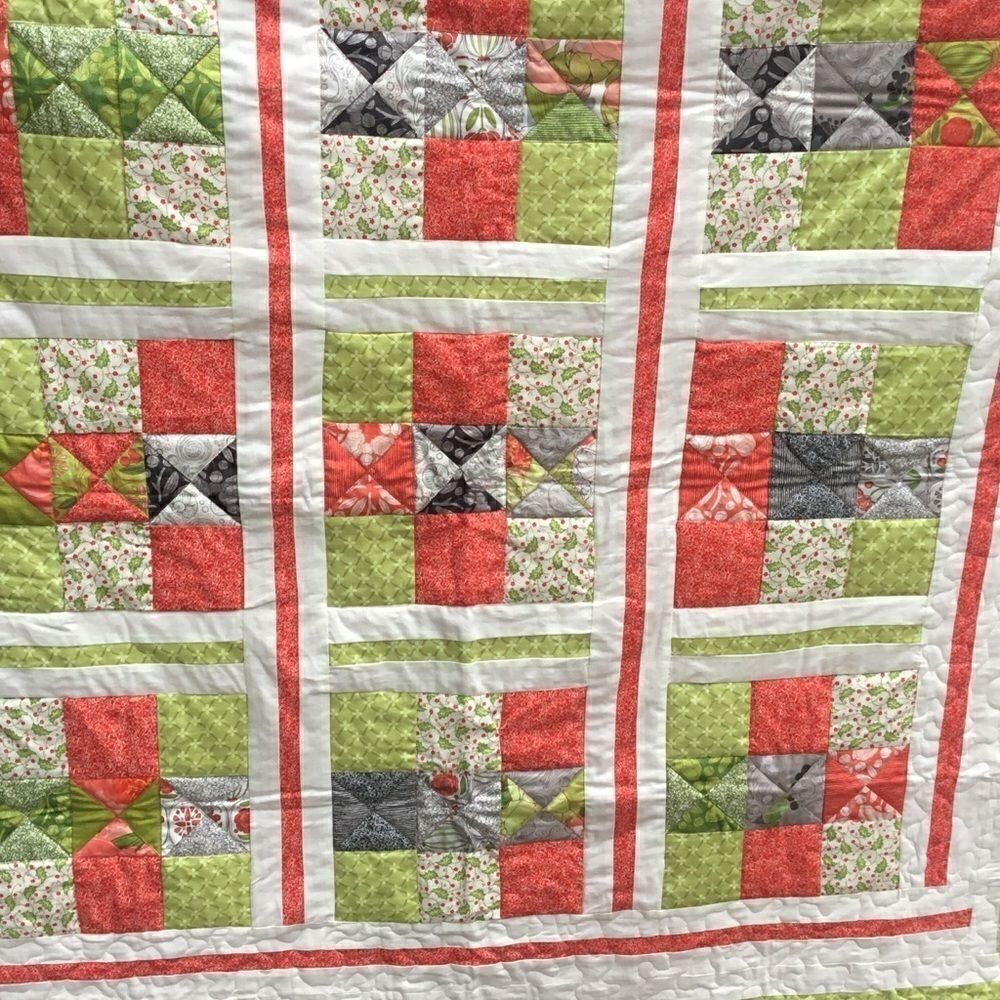 NWT. Hand Crafted Green/Orange/Cream Quilt - Picture 6 of 16